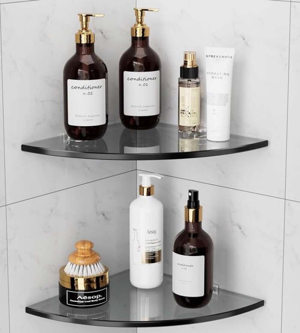 SHUAIAIW 2 Tiers Glass Corner Shower Shelf Black Organizer